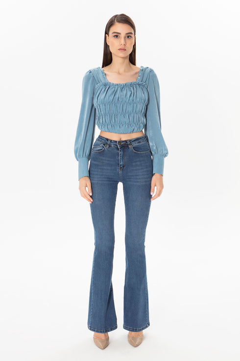 Square Collar Balloon Sleeve Crop Top