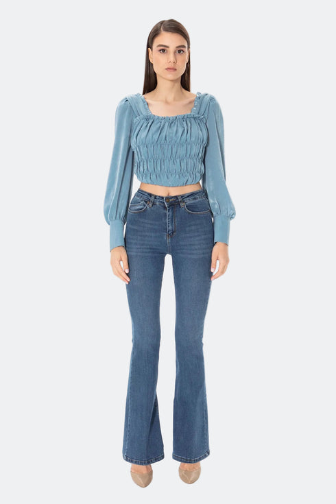 Square Collar Balloon Sleeve Crop Top