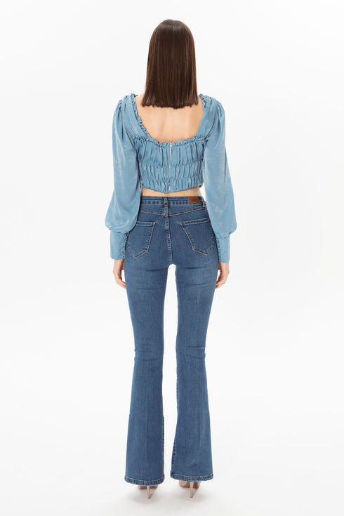 Square Collar Balloon Sleeve Crop Top