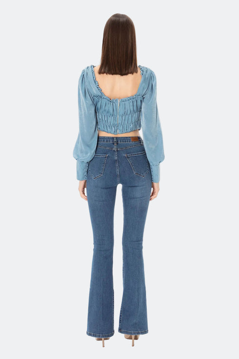 Square Collar Balloon Sleeve Crop Top
