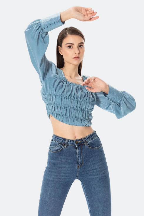 Square Collar Balloon Sleeve Crop Top