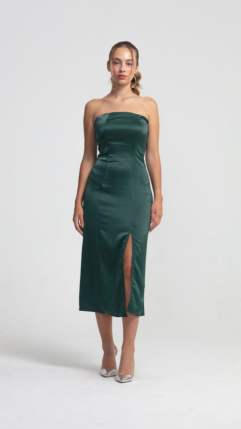 Green Satin Bodycon Midi Dress