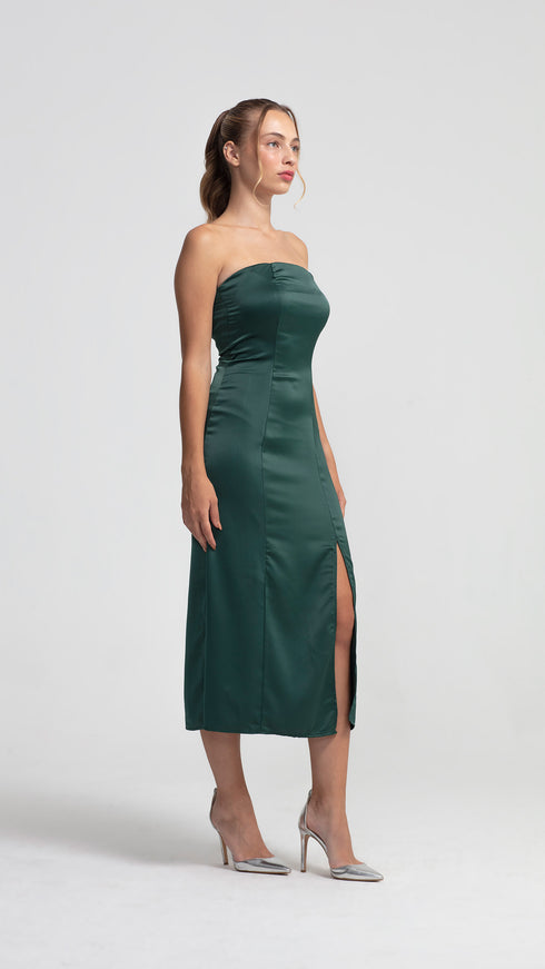 Green Satin Bodycon Midi Dress