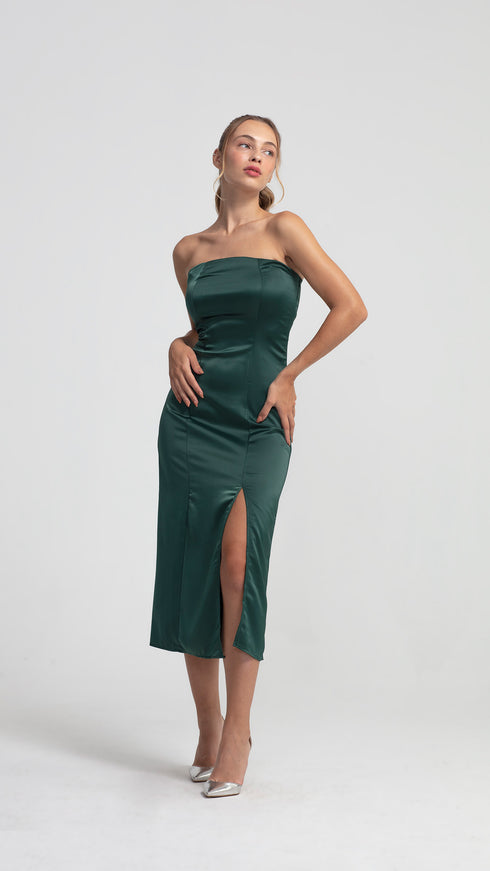 Green Satin Bodycon Midi Dress