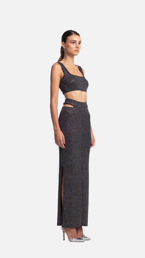 Cut Out Maxi Silver Shiny Skirt