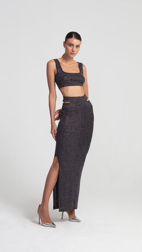 Cut Out Maxi Silver Shiny Skirt