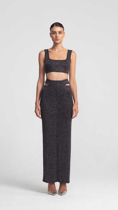 Cut Out Maxi Silver Shiny Skirt