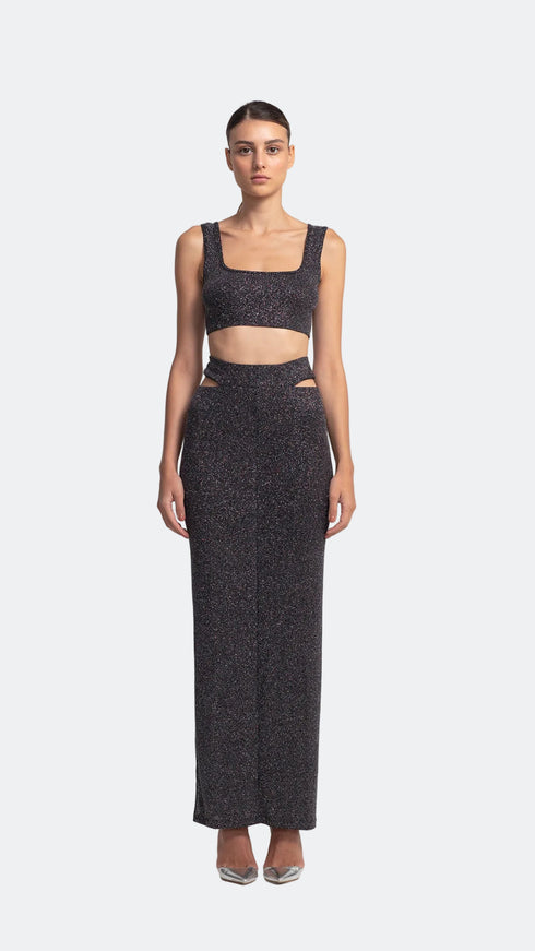 Cut Out Maxi Silver Shiny Skirt