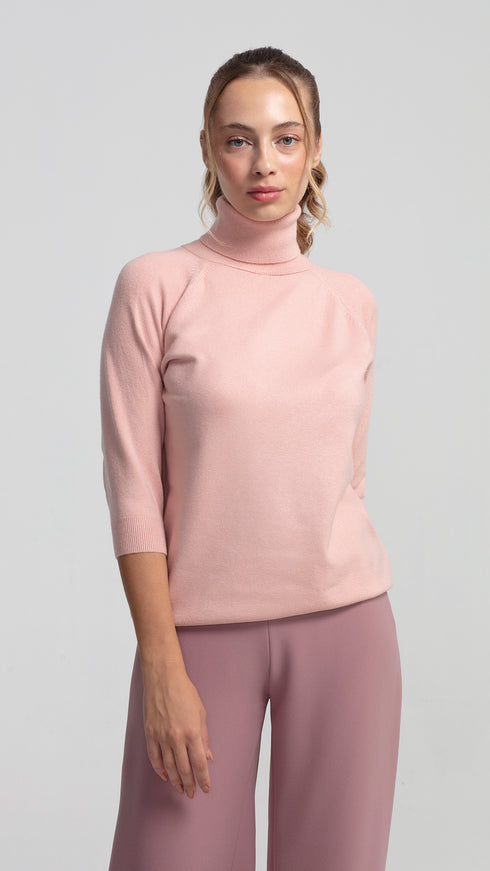 Soft Pink 3/4 Sleeve Turtleneck Sweater
