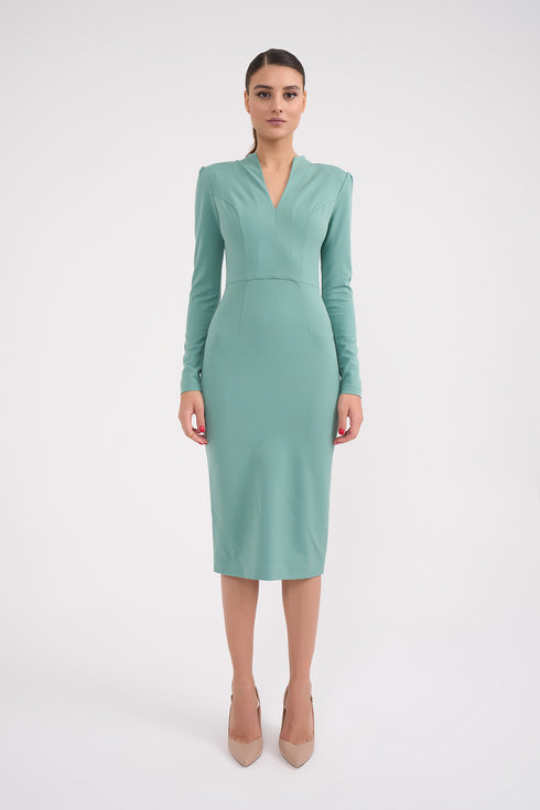 Long Sleeves Neck Detailed Pencil Skirt Dress