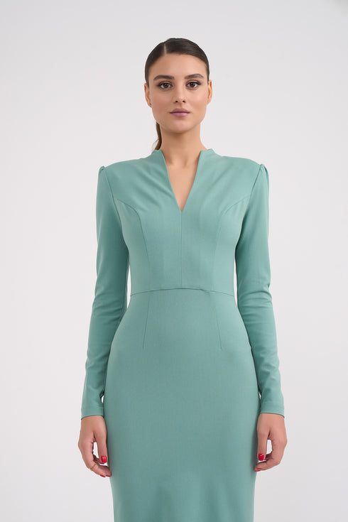 Long Sleeves Neck Detailed Pencil Skirt Dress