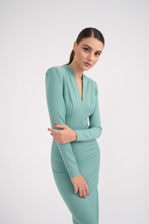 Long Sleeves Neck Detailed Pencil Skirt Dress