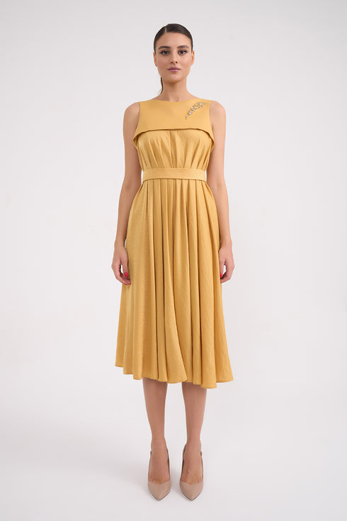 Pleated Embroidery Detailed Midi Dress