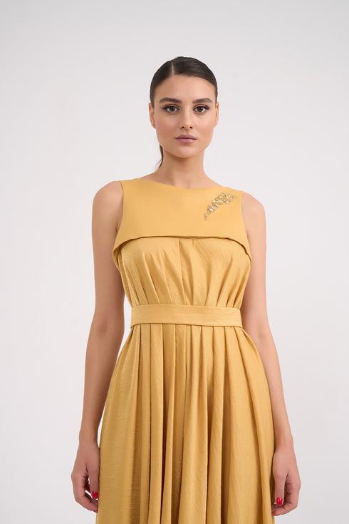 Pleated Embroidery Detailed Midi Dress