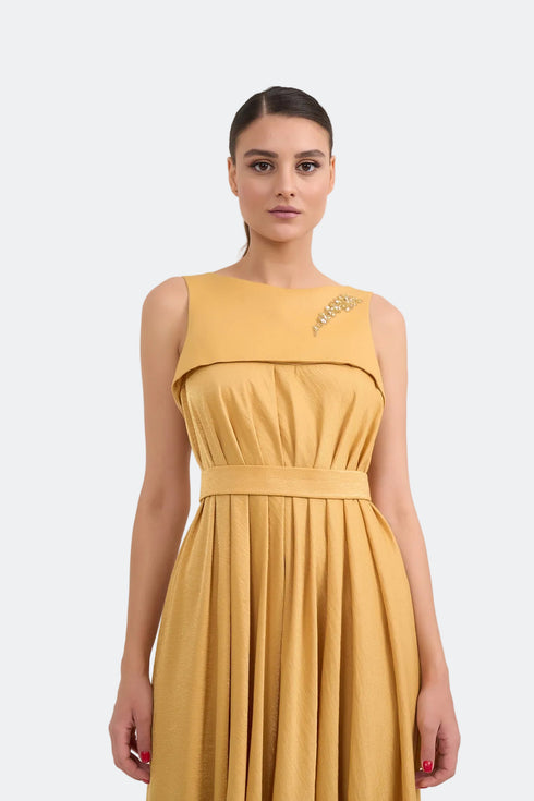 Pleated Embroidery Detailed Midi Dress