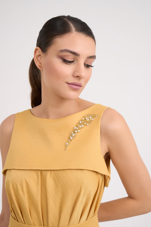 Pleated Embroidery Detailed Midi Dress