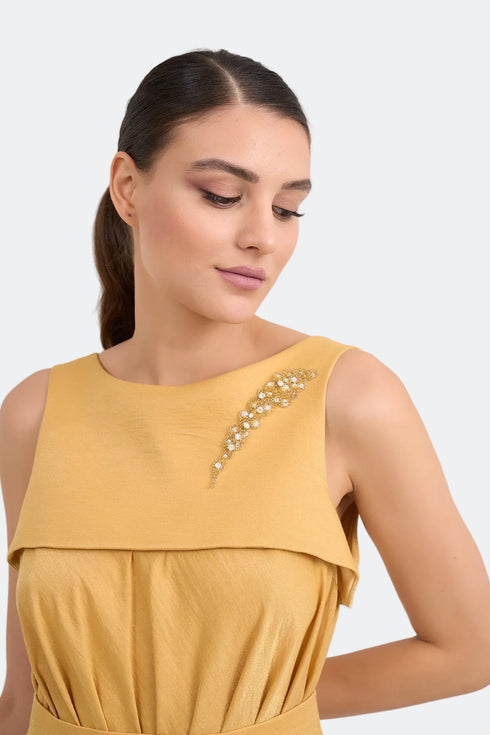 Pleated Embroidery Detailed Midi Dress