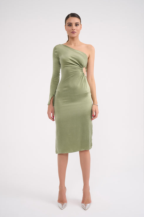 One Shoulder Midi Dress With Waist Decollete