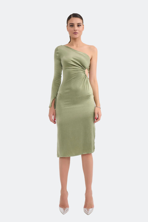 One Shoulder Midi Dress With Waist Decollete