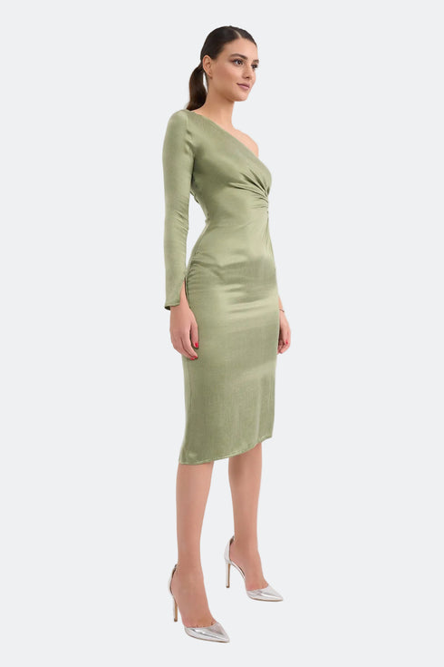 One Shoulder Midi Dress With Waist Decollete