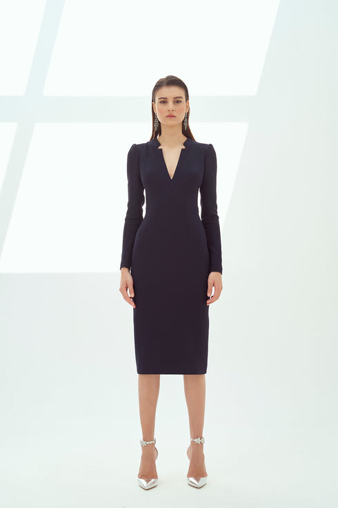 V-NECK DETAILED PENCIL DRESS - Barrus London