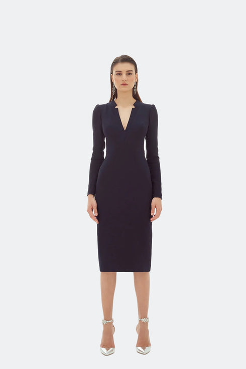 V-NECK DETAILED PENCIL DRESS - Barrus London