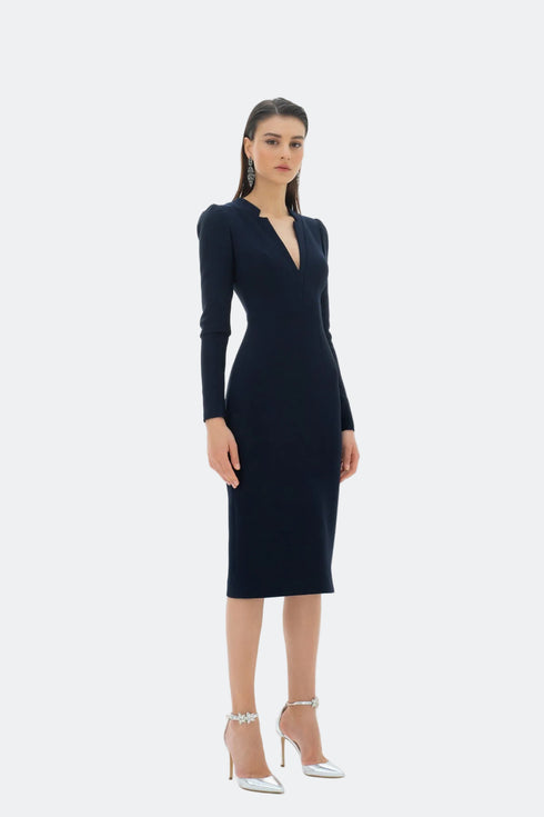 V-NECK DETAILED PENCIL DRESS - Barrus London
