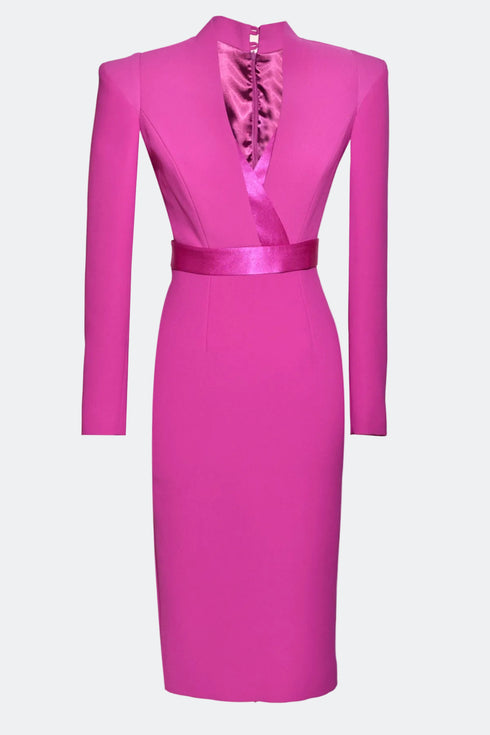 FUCHSIA V-NECK DETAILED PENCIL DRESS - Barrus London