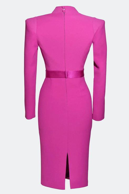 FUCHSIA V-NECK DETAILED PENCIL DRESS - Barrus London