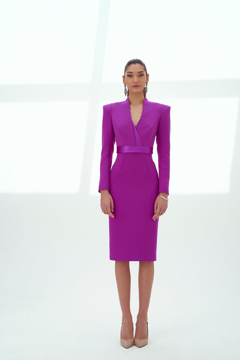 FUCHSIA V-NECK DETAILED PENCIL DRESS - Barrus London