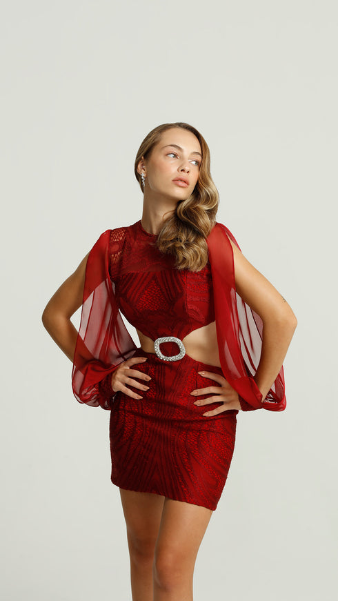 Exclusive Shiny Carmine Cut Out Mini Dress