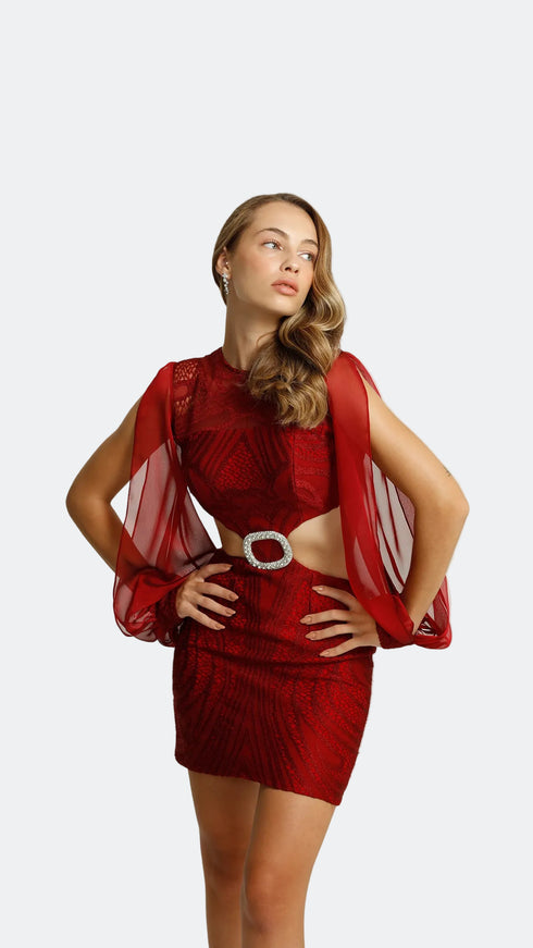 Exclusive Shiny Carmine Cut Out Mini Dress