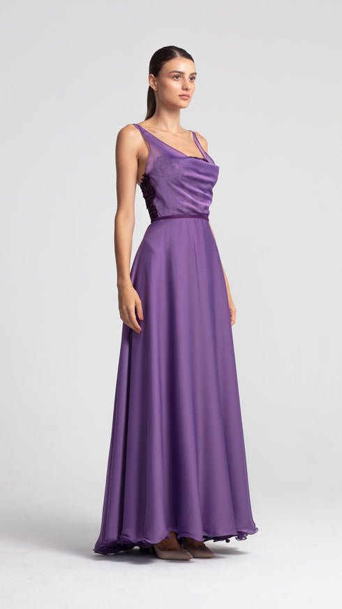 Cowl Neck Hidden Lace Detailed Chiffon Dress