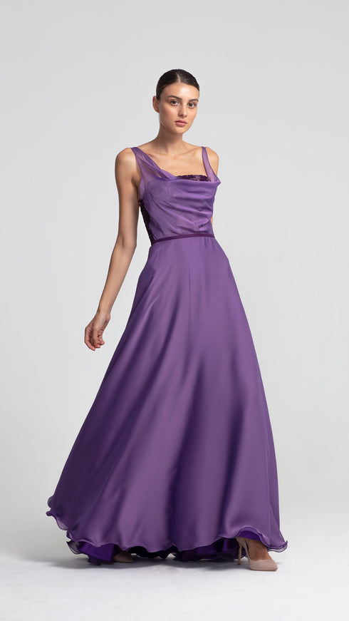 Cowl Neck Hidden Lace Detailed Chiffon Dress