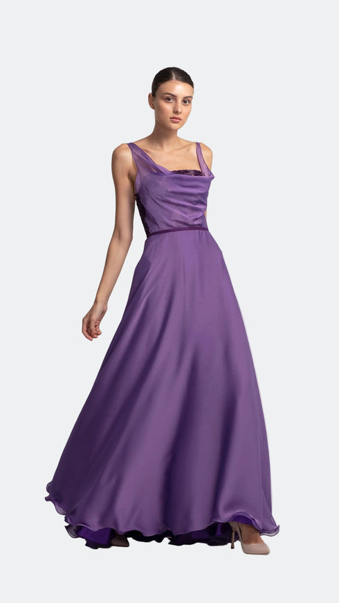 Cowl Neck Hidden Lace Detailed Chiffon Dress