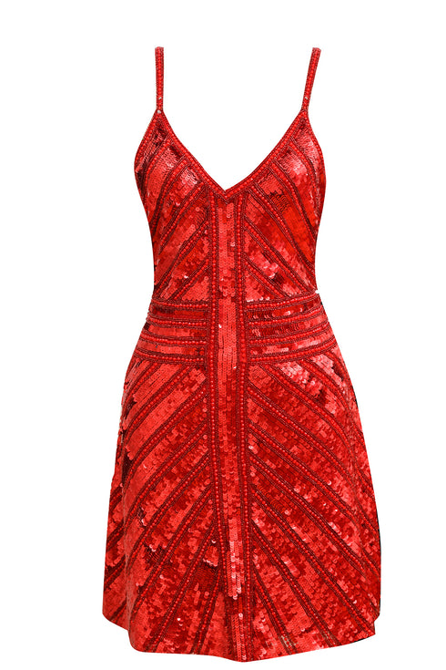V NECK SEQUINED MINI DRESS RED - Barrus London