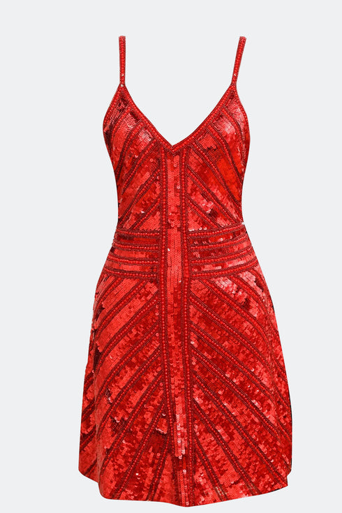 V NECK SEQUINED MINI DRESS RED - Barrus London