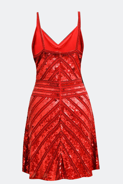 V NECK SEQUINED MINI DRESS RED - Barrus London