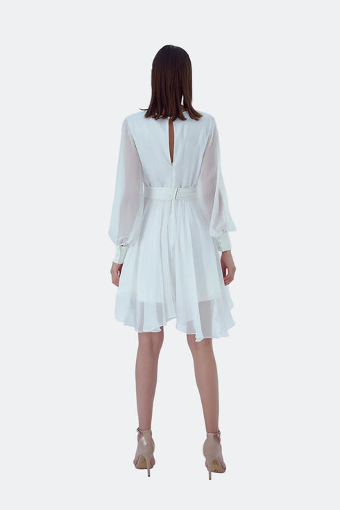 CHIFFON V-NECK LONG SLEEVE MINI DRESS - Barrus London