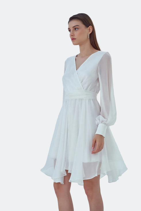 CHIFFON V-NECK LONG SLEEVE MINI DRESS - Barrus London