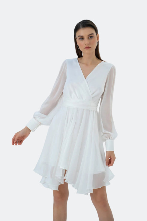 CHIFFON V-NECK LONG SLEEVE MINI DRESS - Barrus London