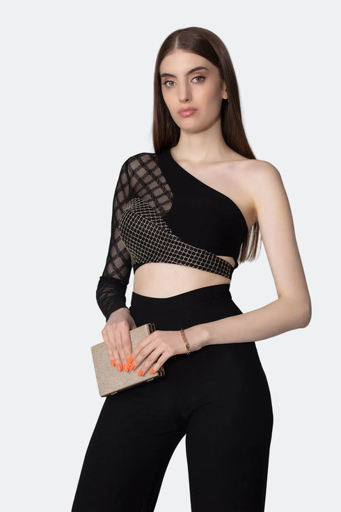 One Shoulder Square Pattern Detailed Top