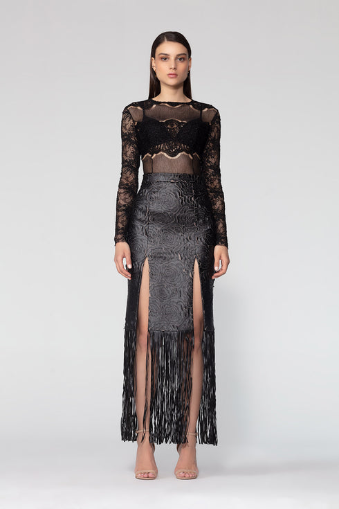 Deep Slit Leather Pencil Skirt