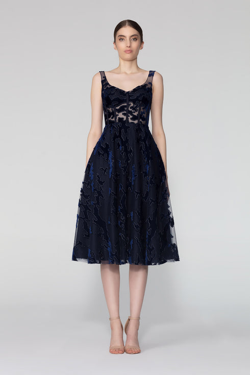 Square Neck Tulle Detailed Midi Dress