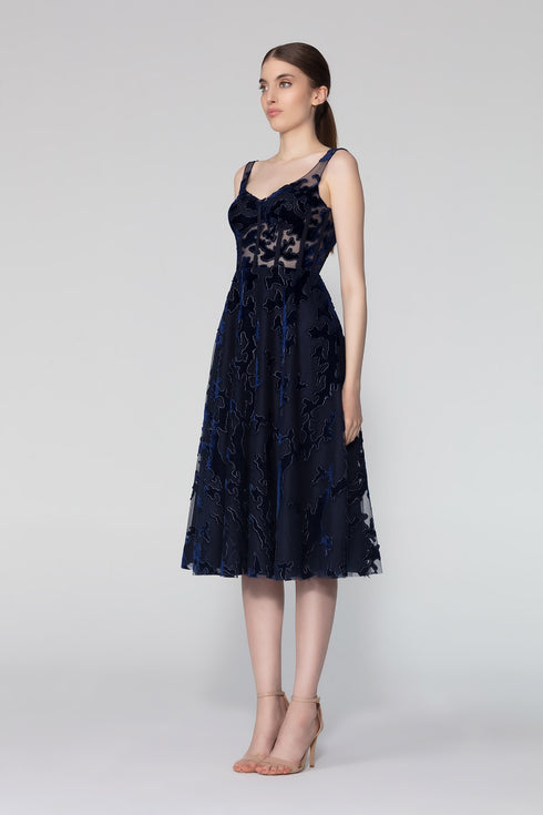 Square Neck Tulle Detailed Midi Dress