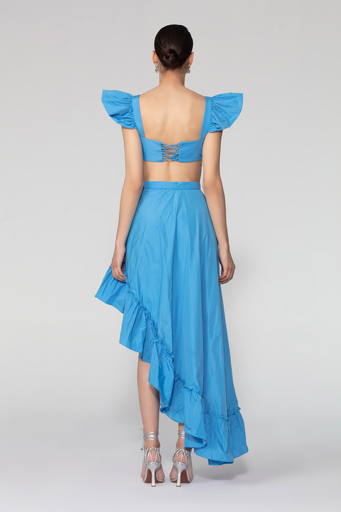 Electric Blue High Waist Asymmetric Flounce Detailed Long Skirt
