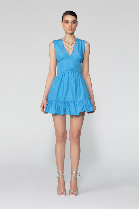 V Neck Flounce Detailed Bodice Mini Dress