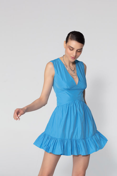 V Neck Flounce Detailed Bodice Mini Dress
