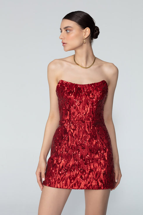 Strapless Front Slit Sequin Mini Dress