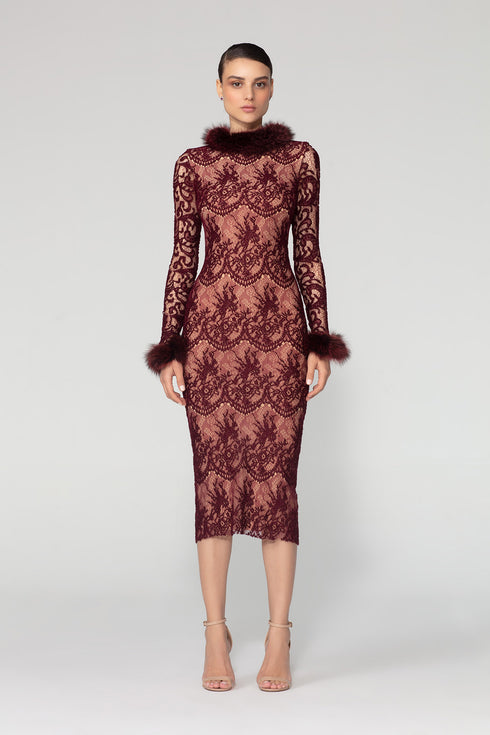 Fur Detailed Lace Midi Pencil Dress